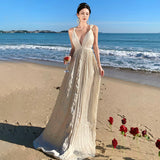 2025 Super fairy pleated cross halter Greek Muse dress long dress high sense beautiful seaside vacation suspender dress