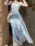 2025 fairy vacation wind embroidered blue dot dress women's new high waist and thin flying sleeve long dress summer