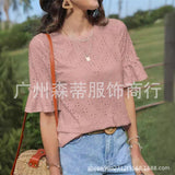 NAMCOVERSE Temu  Cross-Border European and American Foreign Trade Ladies Hollowed Leisure Short Sleeve Crew Neck T-shirt Top