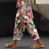 Spring New Women's Casual Printed Elastic Waist with Pockets Cropped Straight Pants