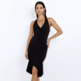 2025 style  summer new neck V-neck dress women's fashion temperament sexy Spice girl backless fishtail dress