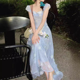 2025 fairy vacation wind embroidered blue dot dress women's new high waist and thin flying sleeve long dress summer