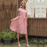 NAMCOVERSE Independent Station Cross-Border Summer Hot Sale European and American Mid-Length Dress Short Sleeve Lace-up Polka Dots Pleated Dress