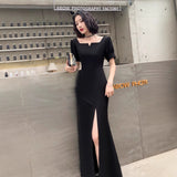 2025 Black evening dress dress women  new simple and generous banquet temperament long celebrity light luxury annual meeting host
