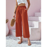 New  Cross Border Women's Pants High Waist Lotus Leaf Elastic Waist Simply Cotton and Linen Cropped Pants Casual Pants