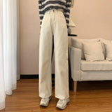 2024 New Korean Style Retro White Jeans Women's Loose Straight Dad Trousers Slim All-Match Wide Leg Pants