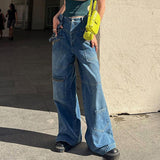 American-Style Tall Multi-Pocket Zipper Worn Jeans Women's 2024 New Ribbon Straight Wide-Leg Trousers