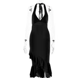2025 style  summer new neck V-neck dress women's fashion temperament sexy Spice girl backless fishtail dress