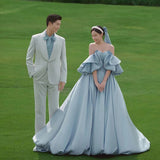 2025 Tube top light wedding dress 2025 new blue bride wedding photo temperament dress sexy banquet hosting photo