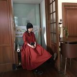 Ankola red, pure cotton long skirt, pinch pleated large skirt, pocket dress, autumn women's high sense B0925