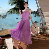 2025 Go to the seaside to travel and take pictures, wear clothes, women's summer temperament, purple pleated elegant suspender long skirt, Sanya beach skirt
