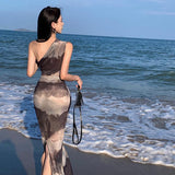 2025 Holiday style ink painting dress women's summer tie-dye mesh dress sexy temperament hip-wrapped dopamine dress
