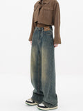 Summer New Retro Washed Distressed Straight Jeans Women's Design High Waist Loose All-Match Mop Wide Leg Pants