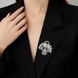 2025 New micro-inlaid zircon flower basket bouquet flower brooch high-end luxury coat suit accessories high-end corsage woman
