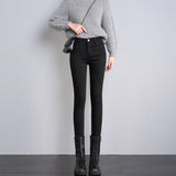 Smoky Gray High Waist Velvet Padded Thick Jeans Women's Stretch Feet Pants 2023 Autumn and Winter New Single-Layer Fleece-Lined Pencil Pants