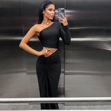 NAMCOVERSE Popular trade women's clothing new fashionable and sexy slanted shoulder single sleeve pleated waist split fork medium and long women's dress