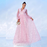 2025 high-end temperament long-sleeved V-neck long sequined banquet big pendulum evening dress bridesmaid dress women