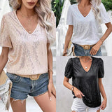 NAMCOVERSE Women's Top European and American   Summer Cross-Border New Arrival Sexy V-neck Pure Color Sequins Short Sleeve T-shirt