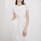 2025 yellow heavy industry pleated waist dress women's popular summer new small flying sleeve splicing dress