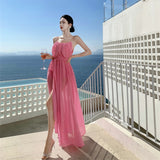 2025 pink fairy suspender dress female summer Sanya seaside travel beach dress female split-ended vacation dress