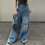 American-Style Tall Multi-Pocket Zipper Worn Jeans Women's 2024 New Ribbon Straight Wide-Leg Trousers