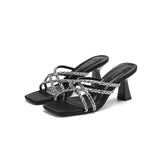 2025 333-6 Rhinestone high-heeled slippers 2025 women's summer new square head wine glass and high heels cross-strap cool slippers