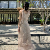 2025 Seaside vacation travel wear new Chinese atmosphere mesh stitching super fairy lace neck dress temperament