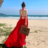 2025 Seaside vacation dress big halter dress high atmosphere photo Muse wear sexy fairy suit skirt