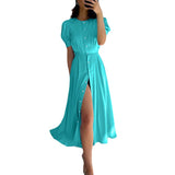 NAMCOVERSE Summer  Cross-Border European and American New Pure Color Elegant Slim High Waist Cardigan Button Mid-Length Dress