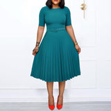 2025 2025 women's clothing  New summer short-sleeved round neck waist solid color pleated large size African Popular trade dress