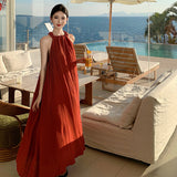 2025 New Chinese retro red shoulder digging holiday dress summer dopamine neck strap holiday beach dress