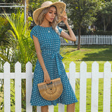 NAMCOVERSE Independent Station Cross-Border Summer Hot Sale European and American Mid-Length Dress Short Sleeve Lace-up Polka Dots Pleated Dress