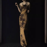 2025 New Chinese Zen national style camellia printing and dyeing open-back Buddha beads hanging neck slim-fitting improved cheongsam suspender dress women