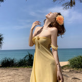 2025 super fairy pure desire one-word shoulder yellow chiffon dress seaside vacation sweet bow tube top long dress women