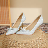 2025 811-3 Fairy wind pearl bow bridesmaid single shoes women 2025 women winter new pointed stiletto high heels women
