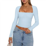 NAMCOVERSE Cross Border New Women's Clothing   Hot Sale Long Sleeve Solid Color Navel Square Neck T-shirt Top