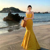 2025 Pure desire sexy slim dress long dress seaside vacation photo style lace jacquard fishtail dress dress