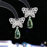 2025 Light luxury fashion water drop zircon butterfly stud earrings women's s925 silver needle high-end temperament super fairy sweet personality earrings