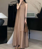2025 popular summer new high-end temperament linen V-neck sleeveless dress, oversized skirt loose vest long dress