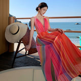 2025 Dopamine Island wears a rainbow striped dress, beautiful seaside beach dress, super beautiful holiday style skirt