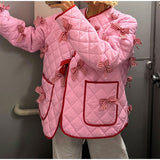 NAMCOVERSE 2025 New color matching lace-up bow cotton clothes popular  New sweet women's pocket warm jacket