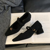 2025 light mouth thick heel single shoes women's 2025 new velvet one-word buckle Mary Jane shoes medium heel fluffy shoes