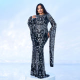 2025 Popular trade Popular,  and the United States fat mm large size women's clothing long-sleeved round neck banquet sequined fishtail evening dress dress