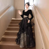 Black evening dress women's 2025 new banquet long-sleeved  winter vocal art test skirt light luxury niche dress