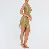 2025 New  summer hot-selling new sexy temperament fashion diagonal neck mesh splicing hip dress