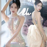 Hot trade fishtail evening dress 2025 new temperament long light luxury niche thin neck engagement toast banquet