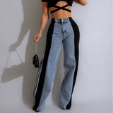 2024 Summer Fashion Stitching Three Striped Wide Leg Denim Trousers Women's New Casual High Waist Stretchy Straight-Leg Pants