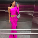 NAMCOVERSE Popular trade women's clothing new fashionable and sexy slanted shoulder single sleeve pleated waist split fork medium and long women's dress
