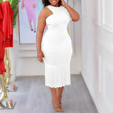 2025 D357 New 2025 Large Size Women's Clothing 2023 Summer New Solid Color Hip Wrap Fringed Pencil Dress African Dress