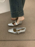2025 Coarse heel silver Mary Jane shoes women's shoes spring and autumn 2025 new light mouth word with  evening temperament single shoes